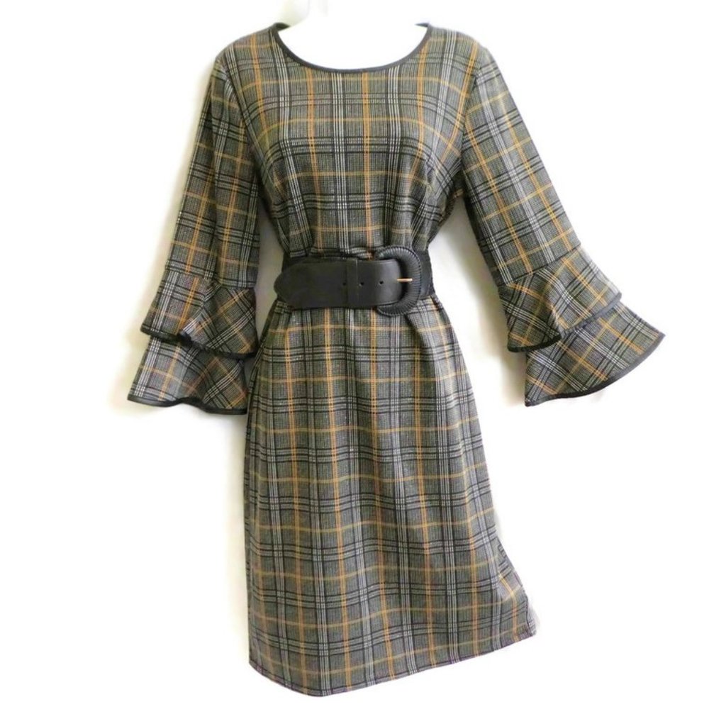 Tacera Dress Sheath Plaid Brown Pleather Trim Midi